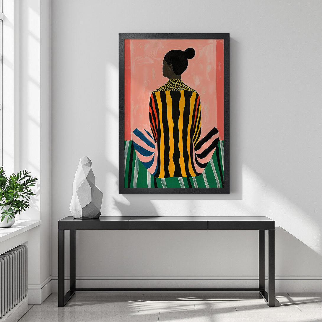 Framed Poster featuring a woman in colorful striped clothing. Modern art style with a warm, vibrant color palette. Perfect wall decor!