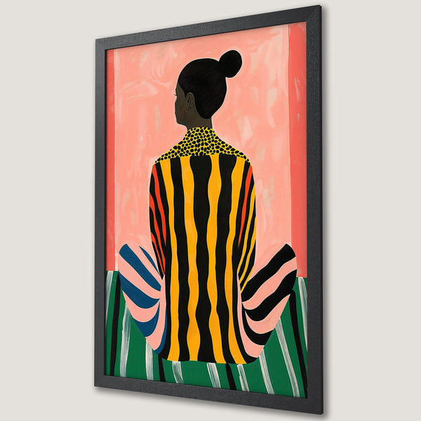 Framed Poster featuring a woman in colorful striped clothing. Modern art with a vibrant pink, yellow, and green color palette. Perfect wall decor!