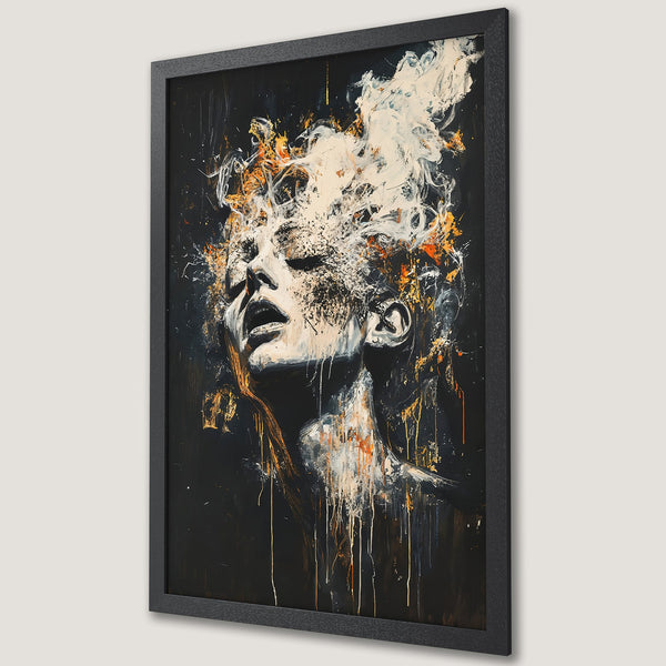 Framed Poster: Abstract portrait art in black, white, and orange. Dramatic expressionist style wall decor.