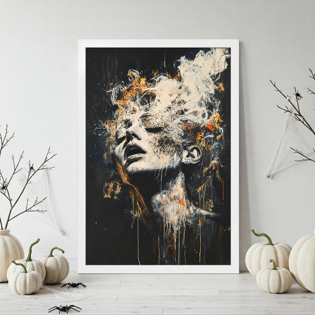 Framed Poster featuring abstract woman portrait art. Dark, moody style with black, white, and orange color palette. Perfect wall decor.