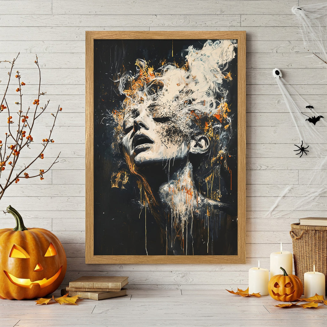 Framed Poster featuring abstract woman art in a dark, moody style with a black, white, and orange color palette. Perfect Halloween decor.