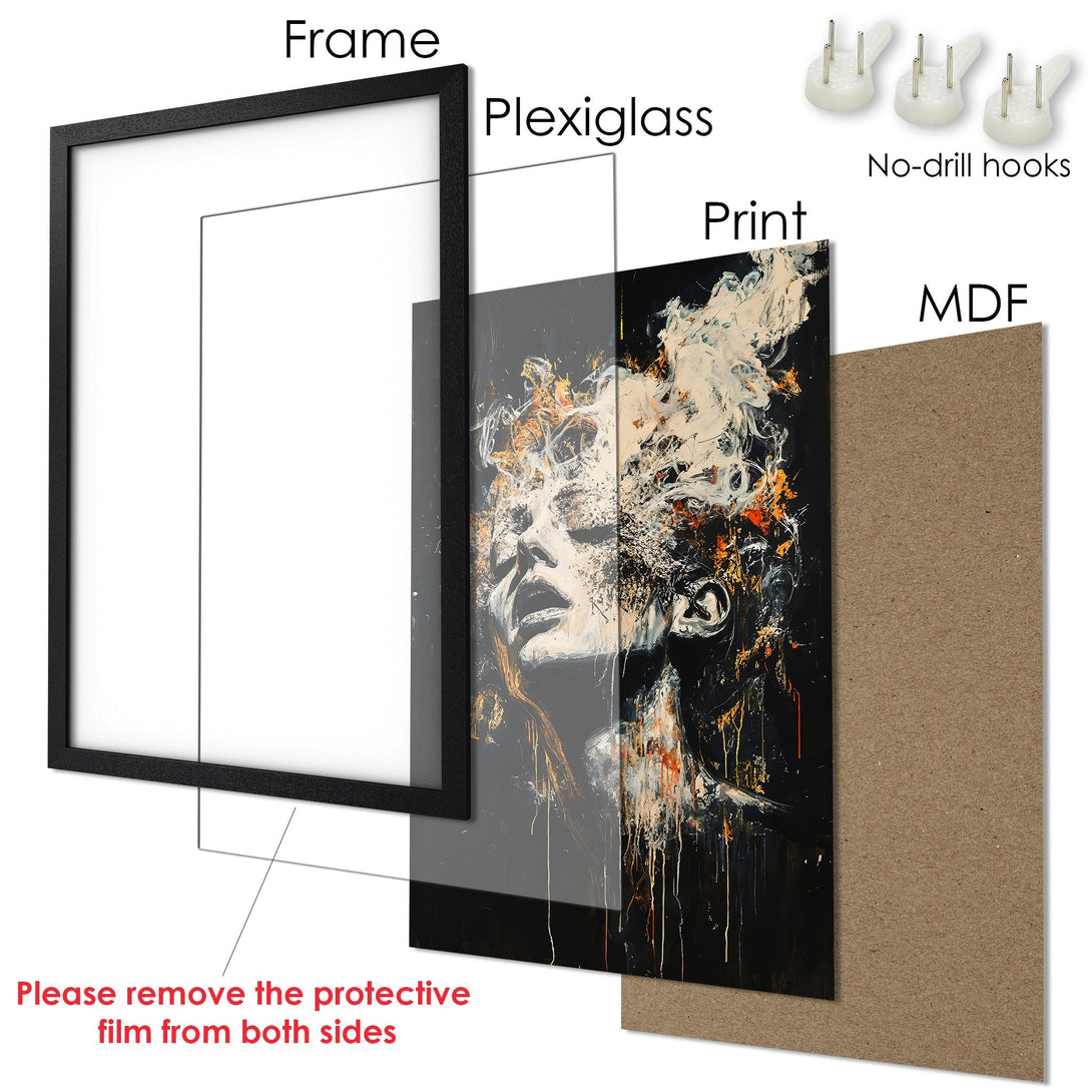 Framed Poster featuring an abstract woman portrait. Modern art style with a black, white, and orange color palette. Perfect wall decor.