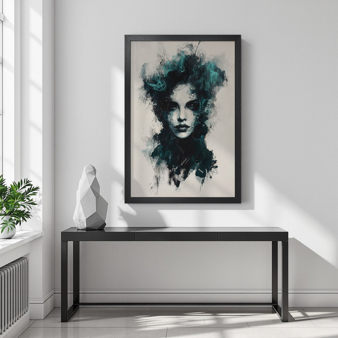 Framed Poster of woman's face, abstract art style, teal & black color palette, perfect for home decor.