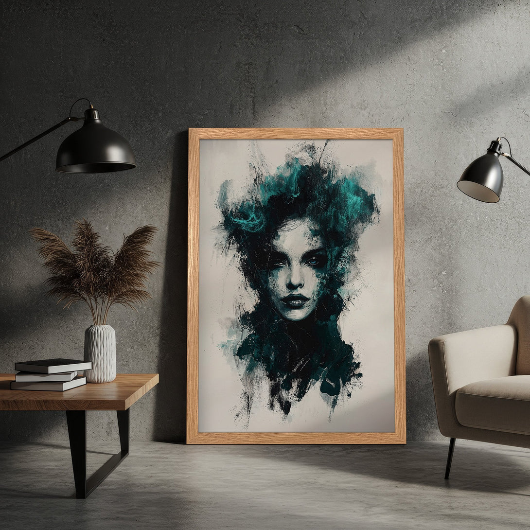 Framed Poster of a woman's portrait in abstract style. Teal and black brushstrokes on a neutral backdrop. Perfect wall art.