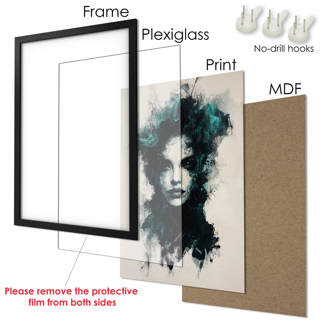 Framed Poster featuring an abstract woman in teal and black, modern art style, neutral color palette.