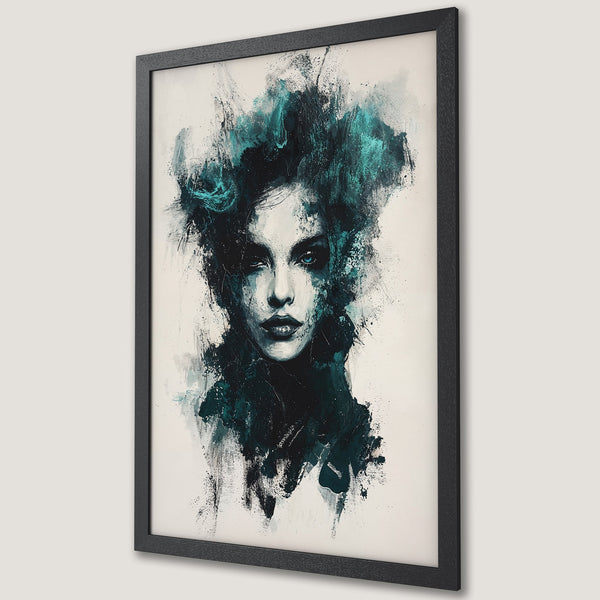 Framed Poster featuring an abstract portrait in teal and black, artistic style. Perfect wall art for your home!