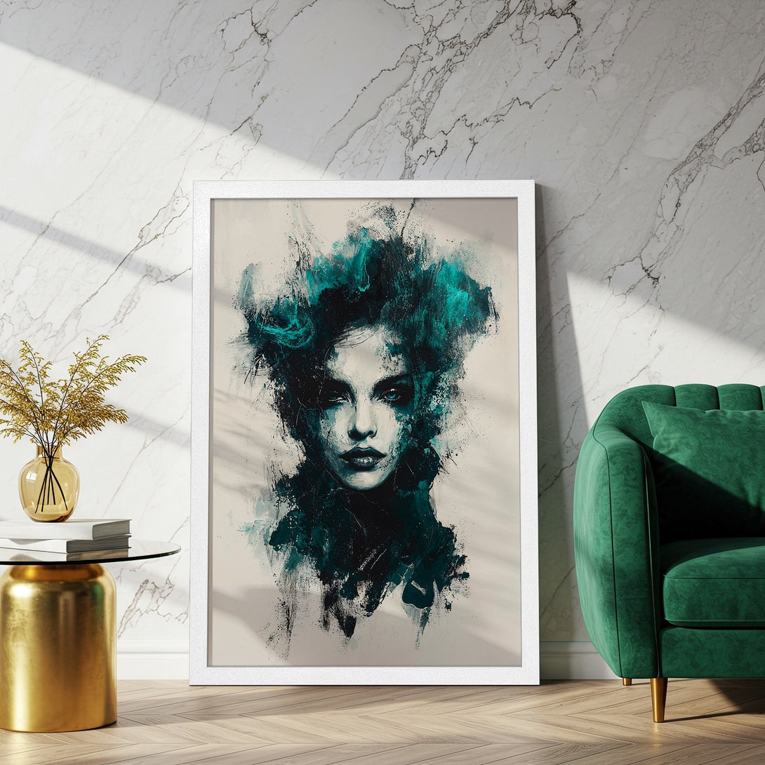 Framed Poster of a woman's face in abstract style, teal & black color palette. Add a touch of art to your home!