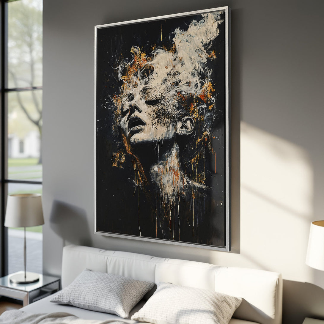 Framed Wall Art: Abstract portrait Canvas Print in a bedroom. Dark, moody art with black, white, and gold tones. Elevate your space with stunning wall decor.