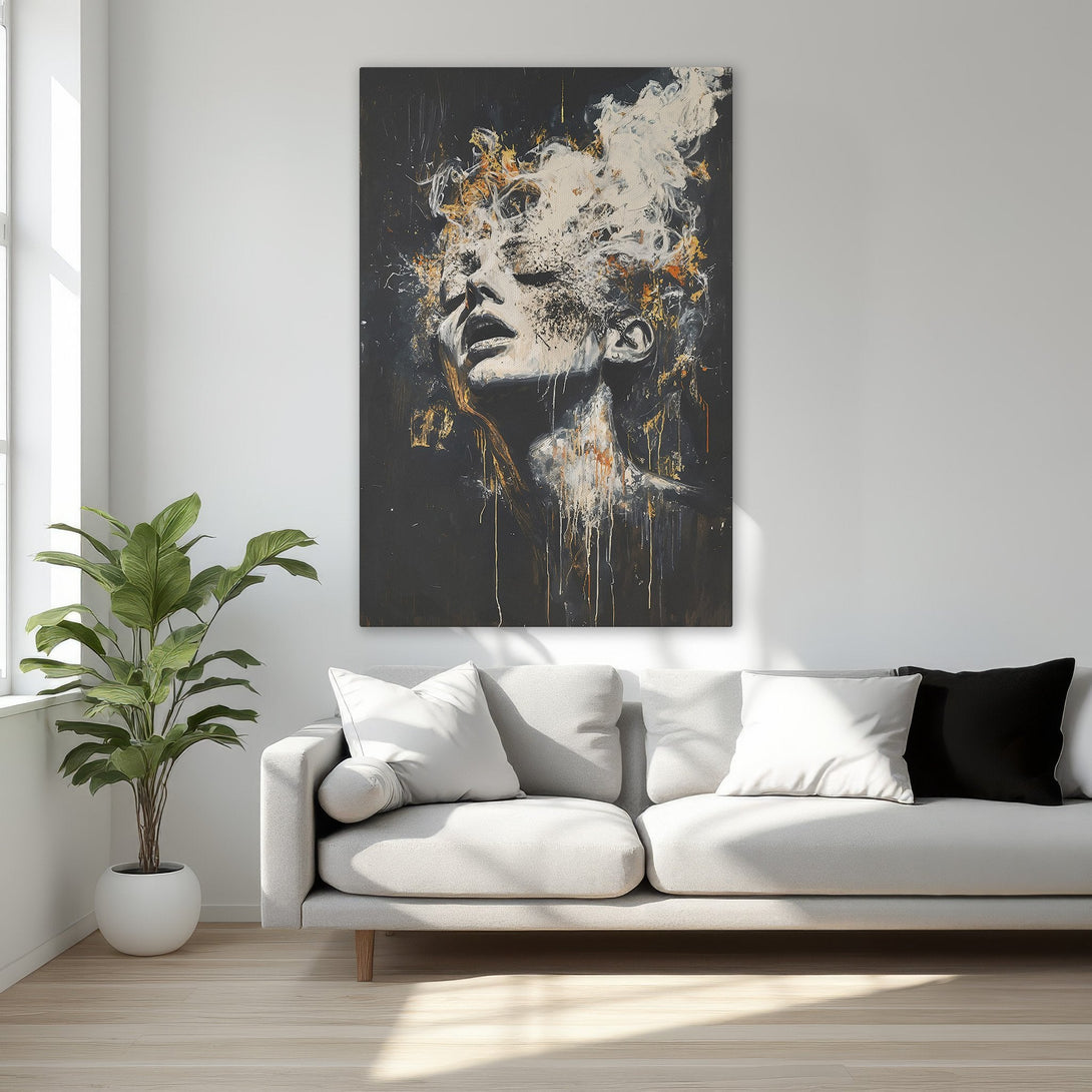 Framed Wall Art featuring a woman's face in a modern, abstract style. Black, white, and gold color palette. Perfect for bedroom decor.