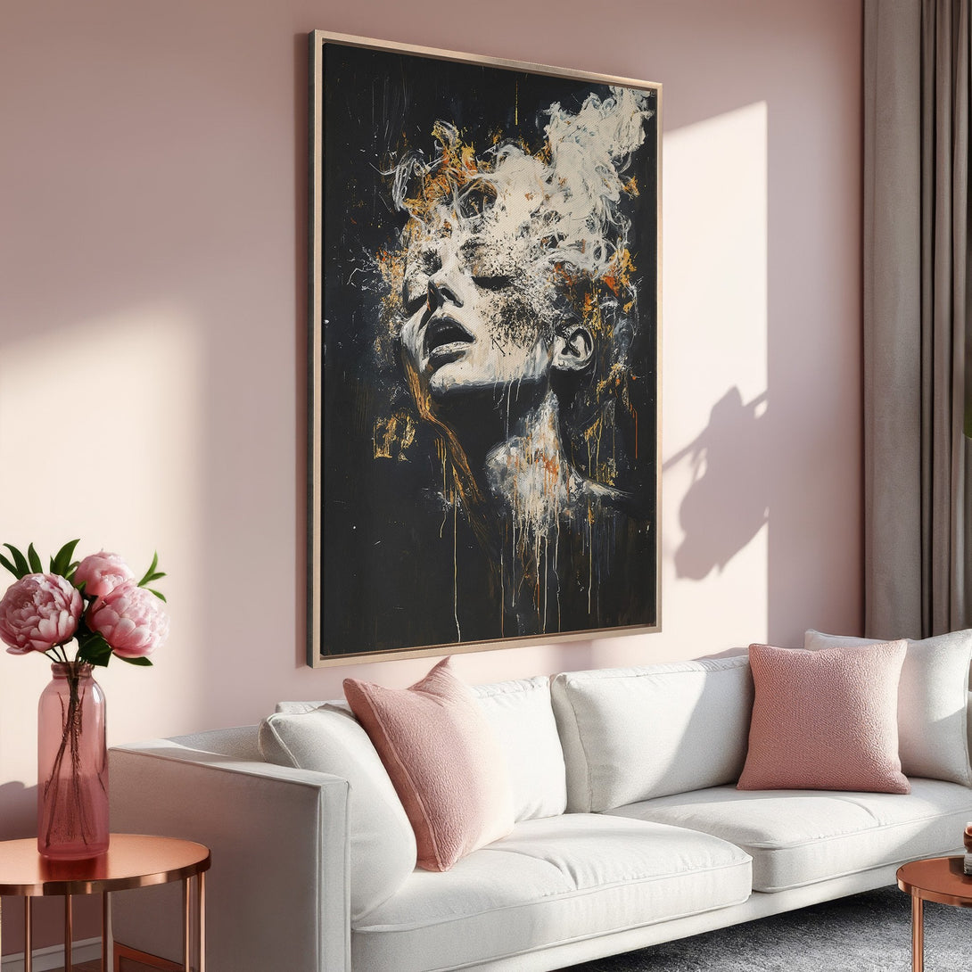 Framed Wall Art: Abstract portrait in black, gold, and white. Modern art canvas print with a blush pink and neutral interior design.