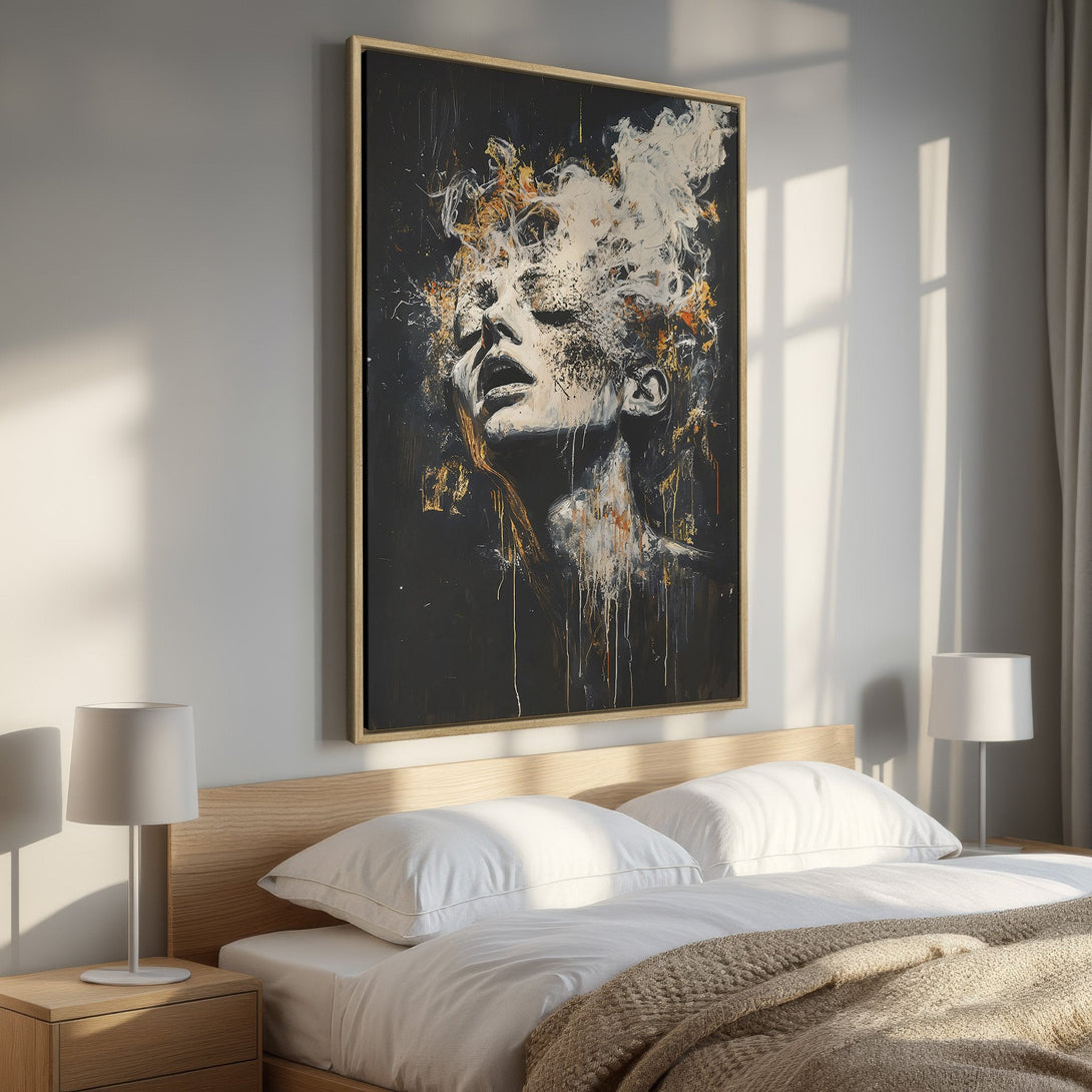 Framed Wall Art: Abstract woman portrait in black, white, and gold tones. Modern art canvas print for bedroom decor.