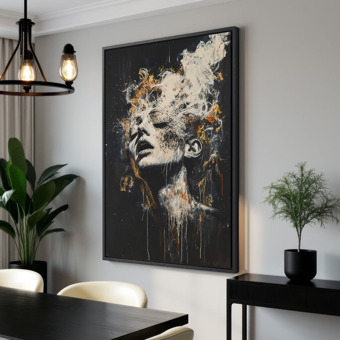 Framed Wall Art: Abstract portrait canvas print in black, white, and gold. Modern art for your home decor. Shop now!