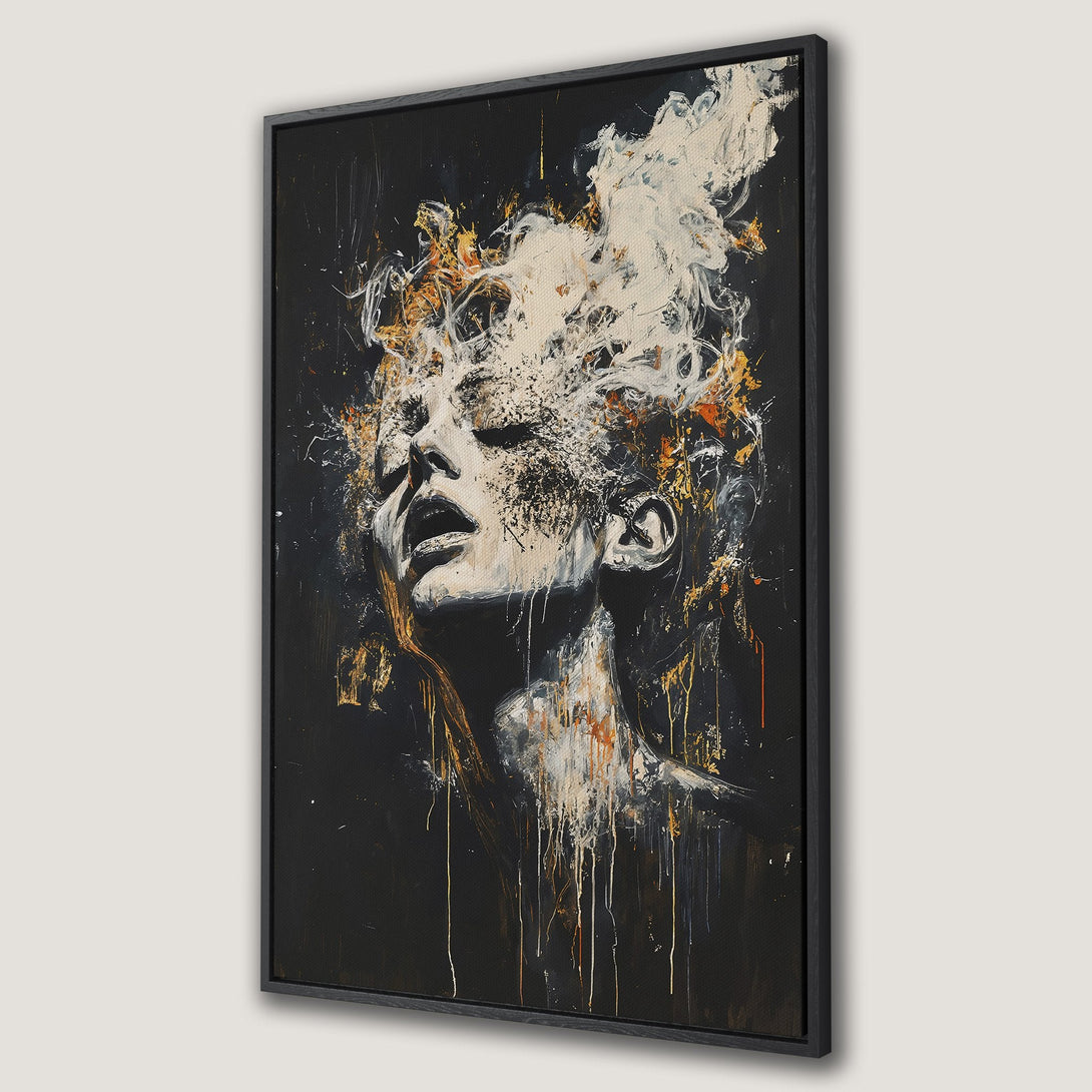 Framed Wall Art featuring an abstract portrait of a woman. Dramatic black, white, and gold color palette. Perfect statement piece for modern decor.