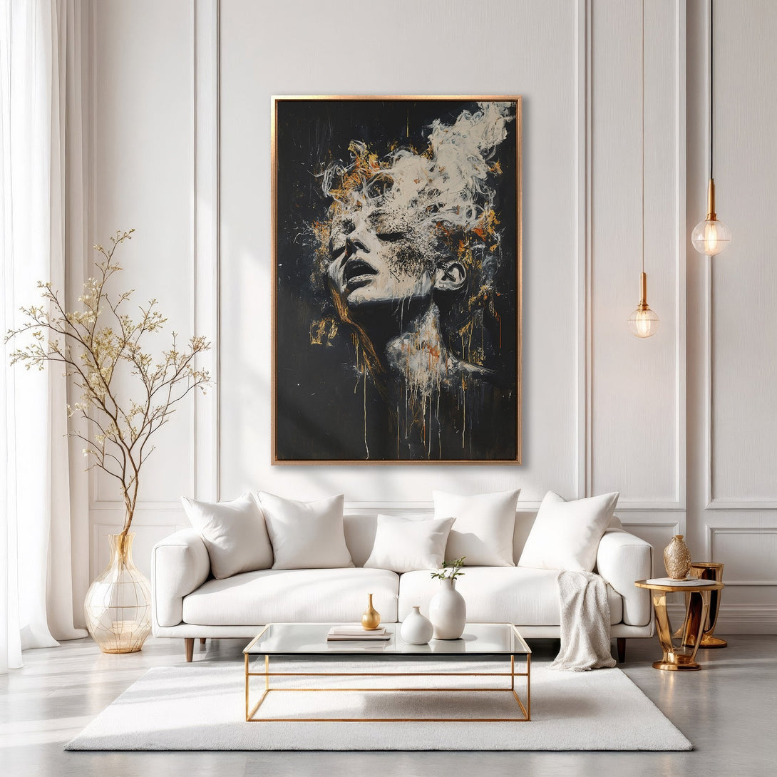 Framed Wall Art: Abstract portrait Canvas Print in black, white, and gold. Modern art decor for a stylish living room.