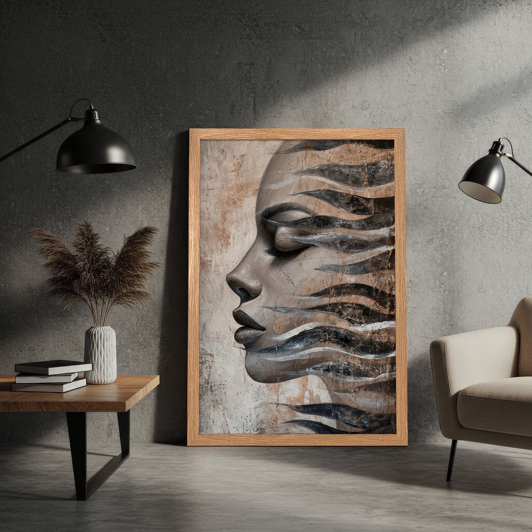 Framed Poster featuring a woman's face in abstract style, neutral color palette. Perfect for modern home decor.