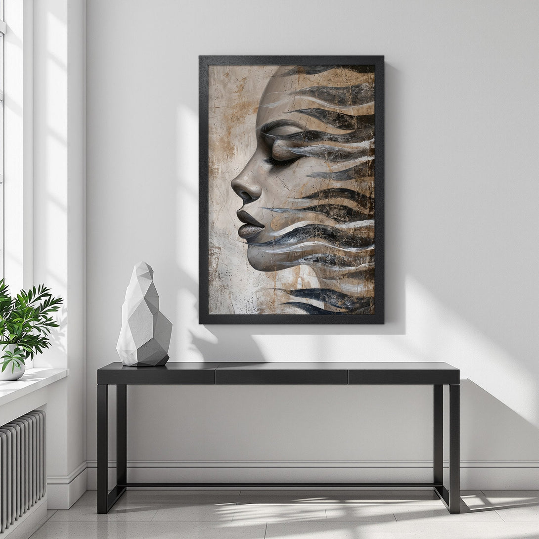 Framed Poster of a woman's face, abstract art style, neutral color palette. Perfect wall decor.