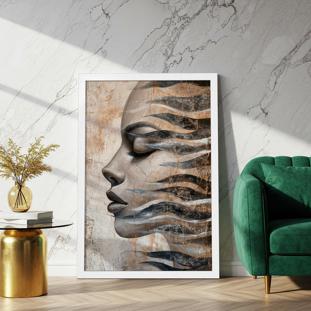 Framed Poster featuring a woman's face, abstract style, neutral and brown tones. Perfect wall art for any room.