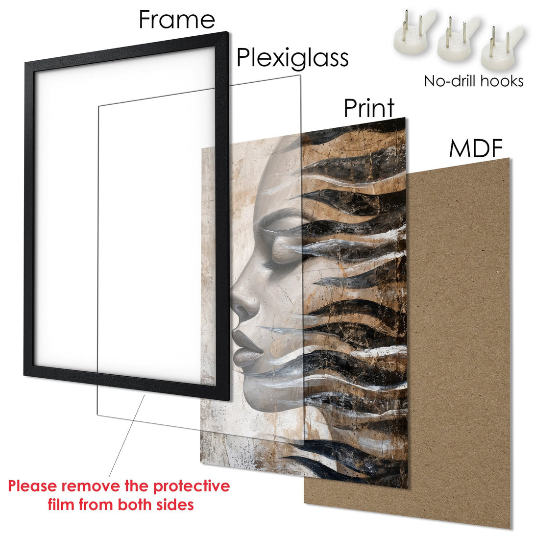 Framed Poster art print featuring a woman's face in neutral tones. Modern abstract style, perfect wall decor.