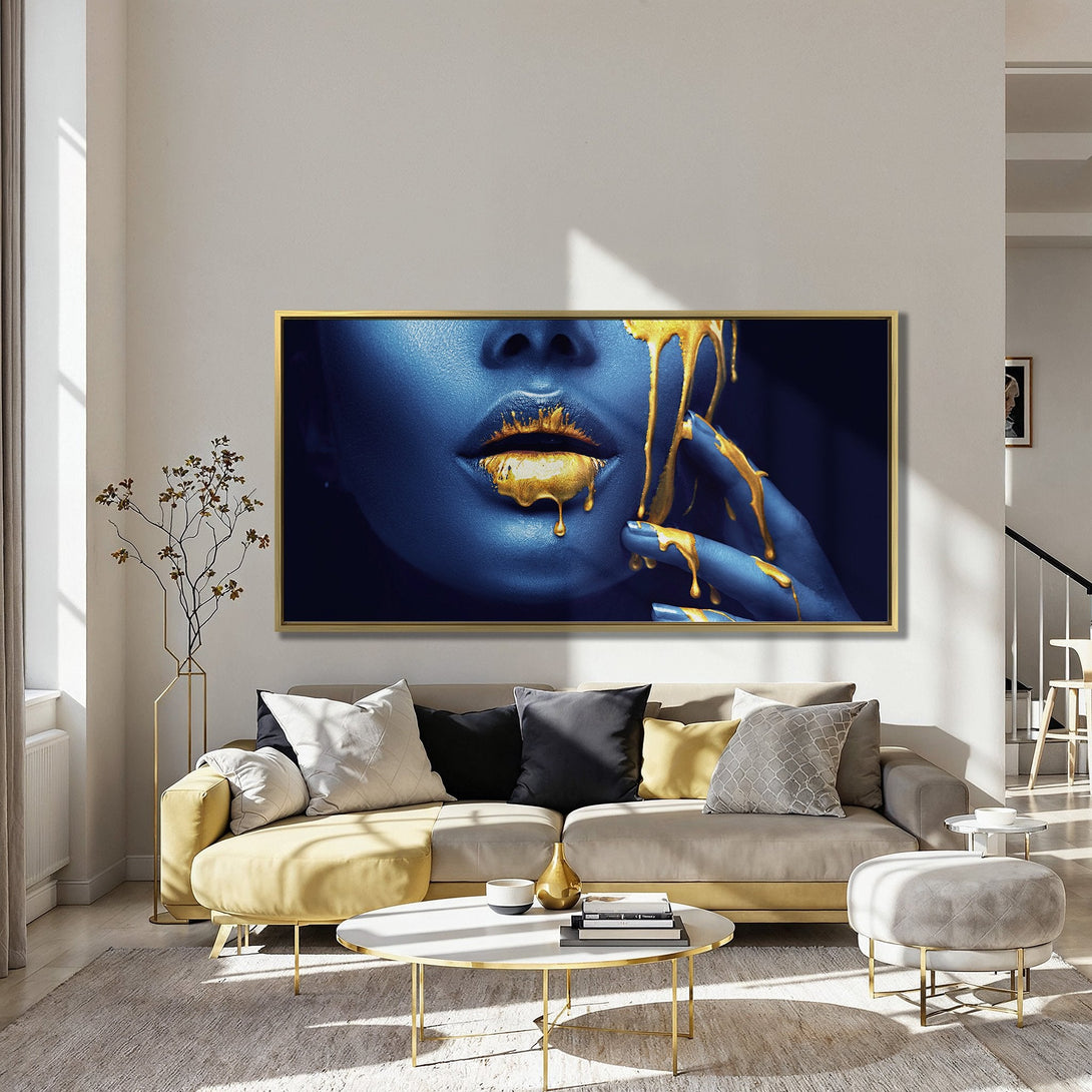 Canvas Print: Abstract art of a woman with gold accents, set in a stylish interior. Features a blue and gold color palette for a modern look.