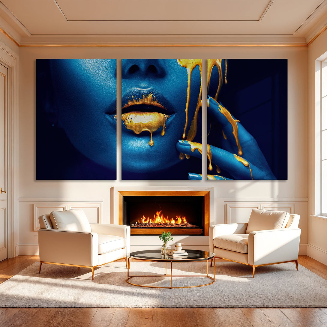 Canvas Print: Abstract art of a woman with gold paint, displayed in a modern interior. Features a bold blue and gold color palette, perfect for stylish home decor.