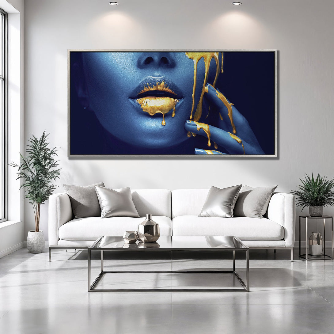 Framed Wall Art: Stunning blue & gold abstract art print. Modern style with a bold, luxurious color palette. Perfect for living room decor.