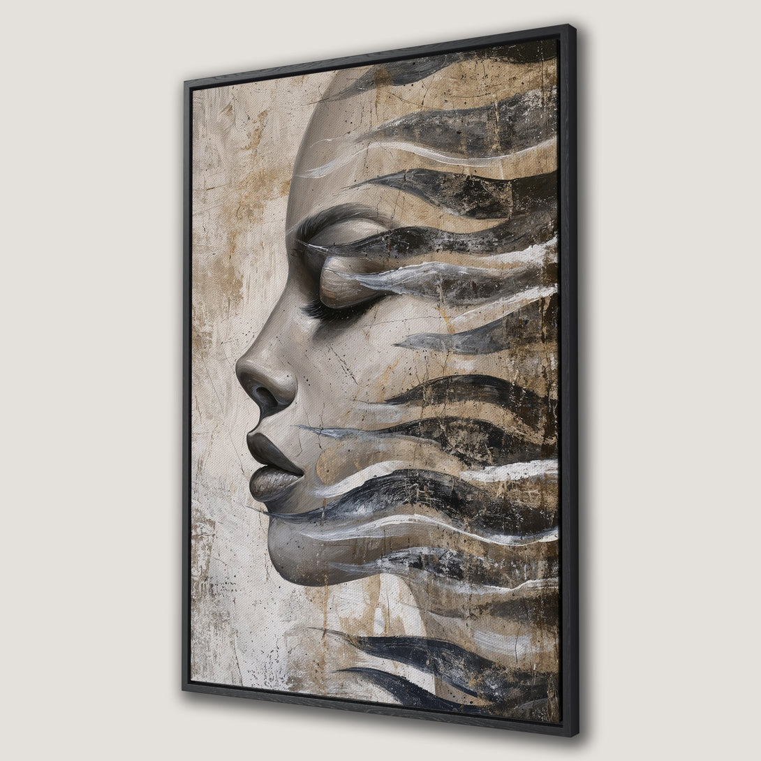 Framed Wall Art featuring a woman's profile in an abstract style. Neutral color palette with beige, black, and gray tones. Perfect for modern home decor.