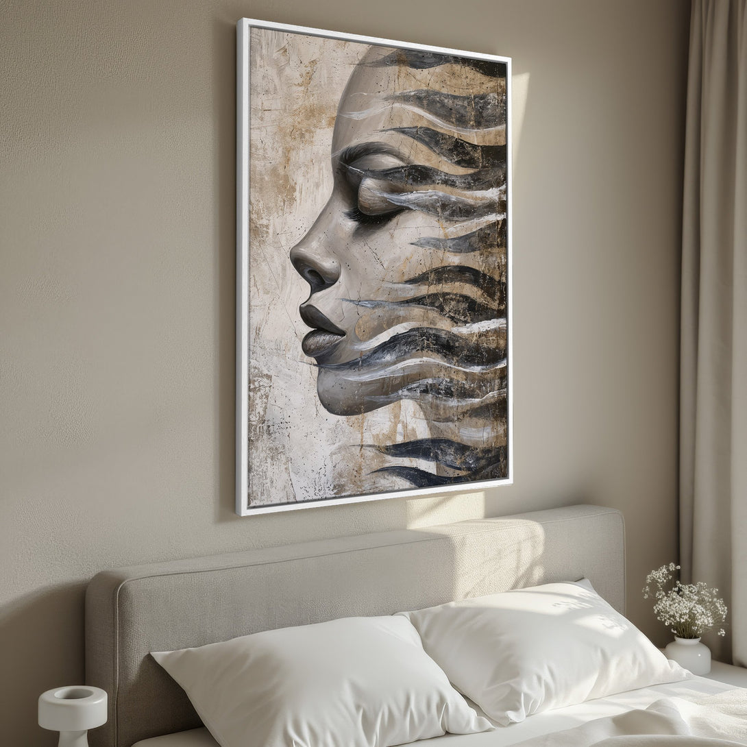 Framed Wall Art: Abstract portrait canvas print in neutral tones. Modern art with a serene aesthetic, perfect for bedroom decor.