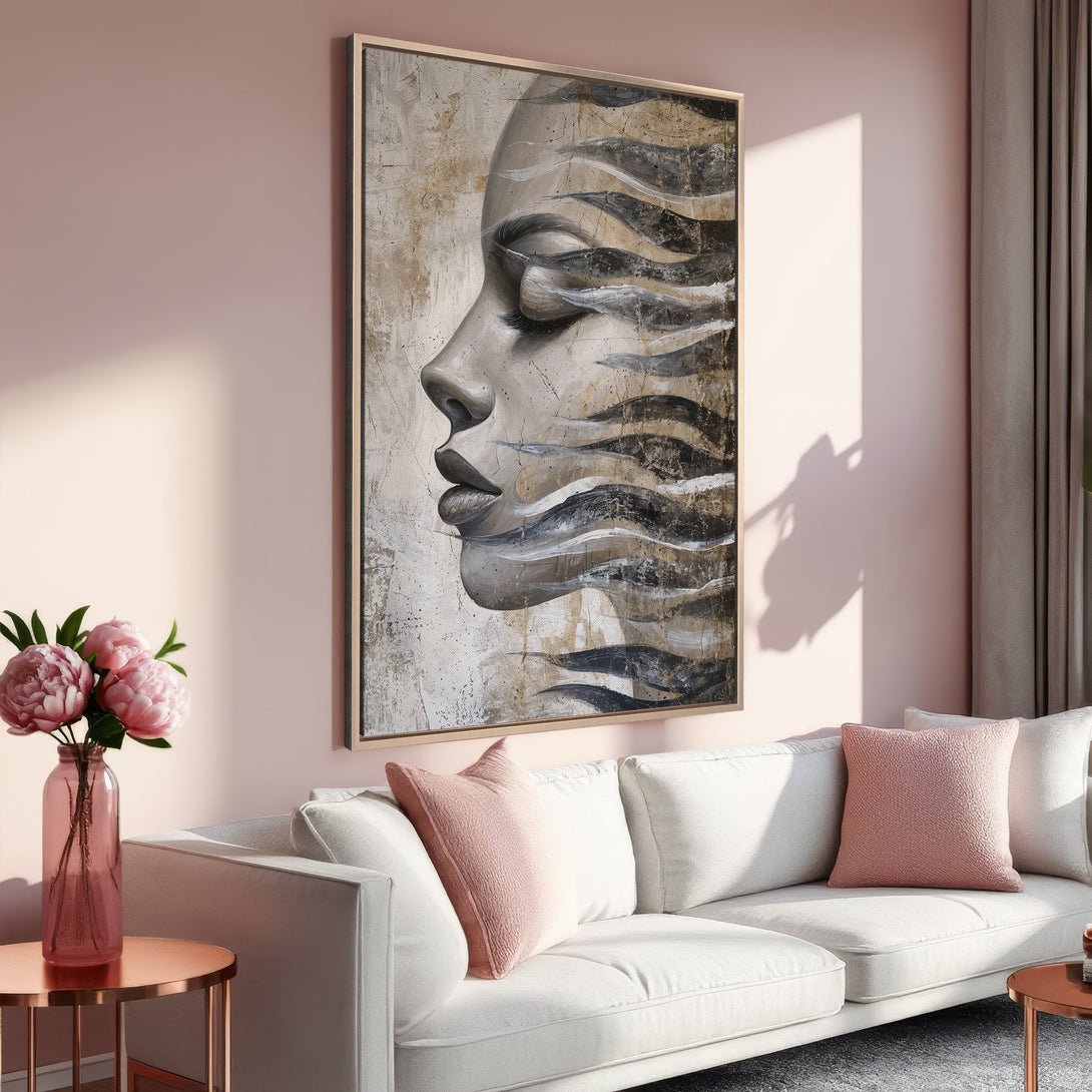 Framed Wall Art: Abstract portrait in neutral tones. Modern art piece with a woman's face, perfect for adding elegance to your home decor.