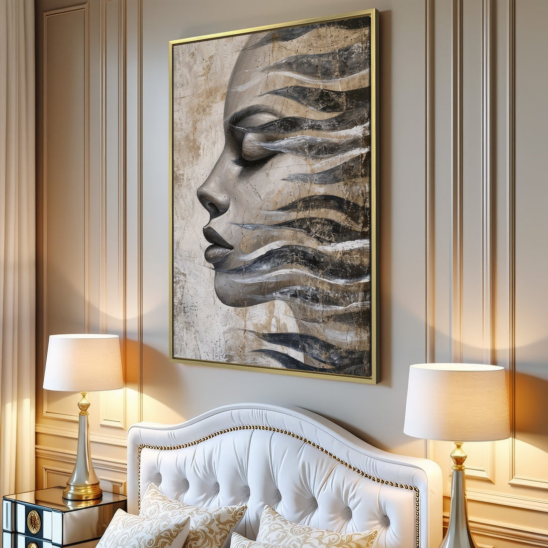 Canvas Print of a woman's face in a modern, abstract style. Neutral color palette with beige, gray, and black tones. Perfect for home decor.