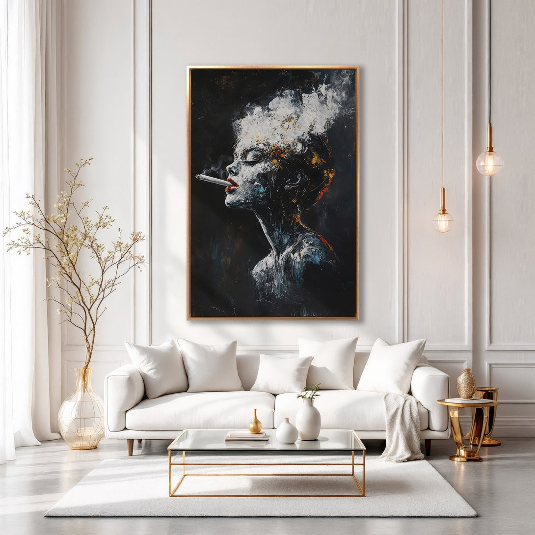 Framed Wall Art: Abstract portrait of a woman smoking, bold brushstrokes, moody black, white, and red color palette. Elevate your space with art!