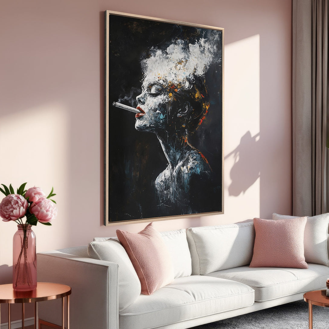 Framed Wall Art: Abstract portrait of a woman smoking. Dramatic, modern art with a black, white, and red color palette. Perfect for any interior.
