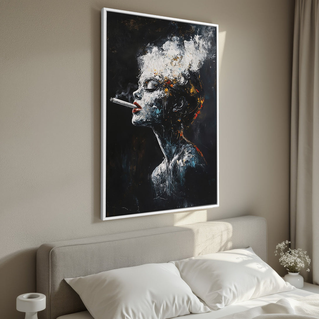 Framed Wall Art: Abstract portrait of a woman smoking, dramatic style with black, white, and red palette. Perfect for modern bedroom decor.
