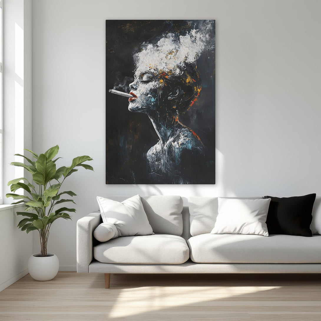 Framed Wall Art: Abstract portrait of a woman smoking, dark & moody color palette with gold frame. Add a touch of elegance to your space!