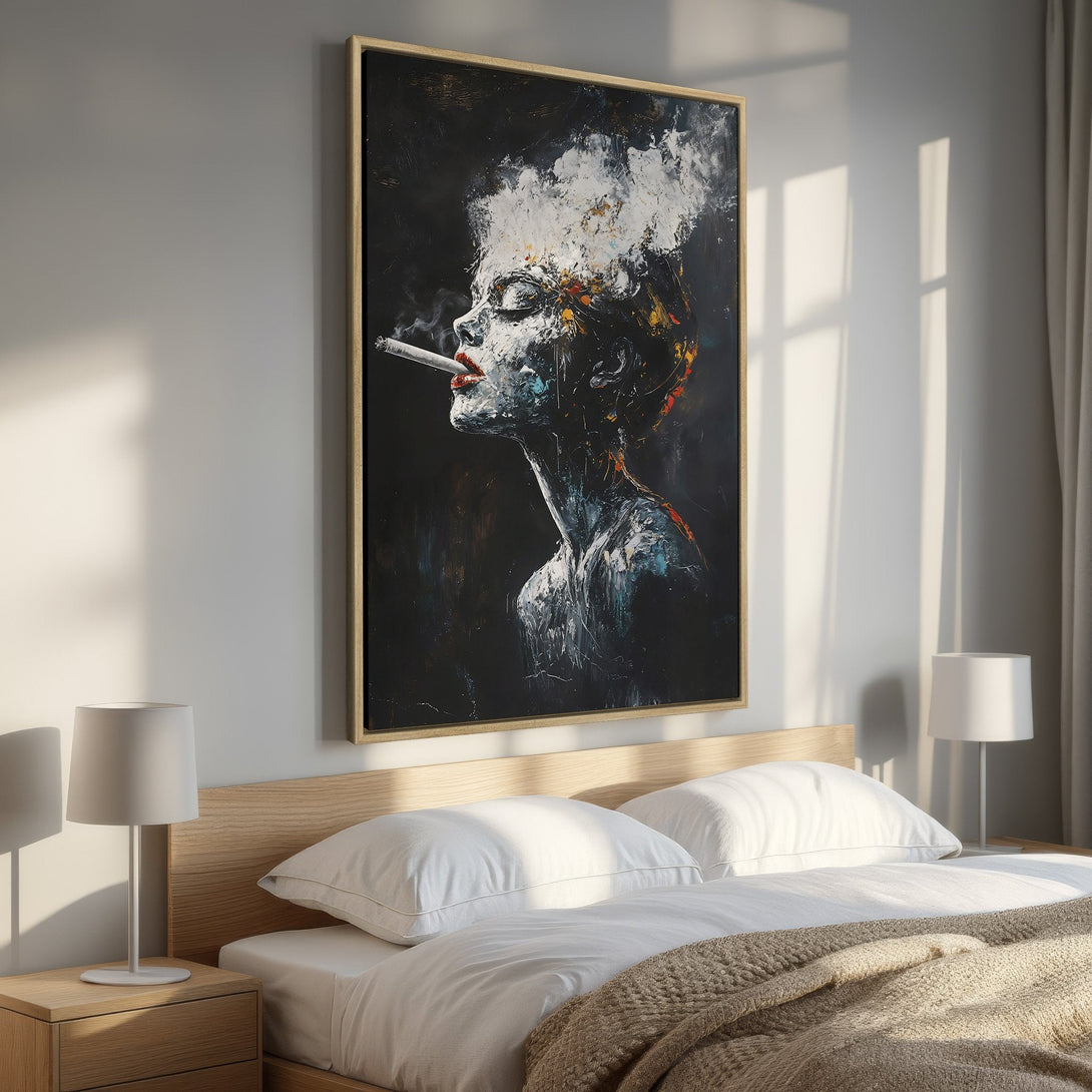 Framed Wall Art: Abstract portrait of a woman smoking, dark and moody color palette. Modern art for bedroom decor.