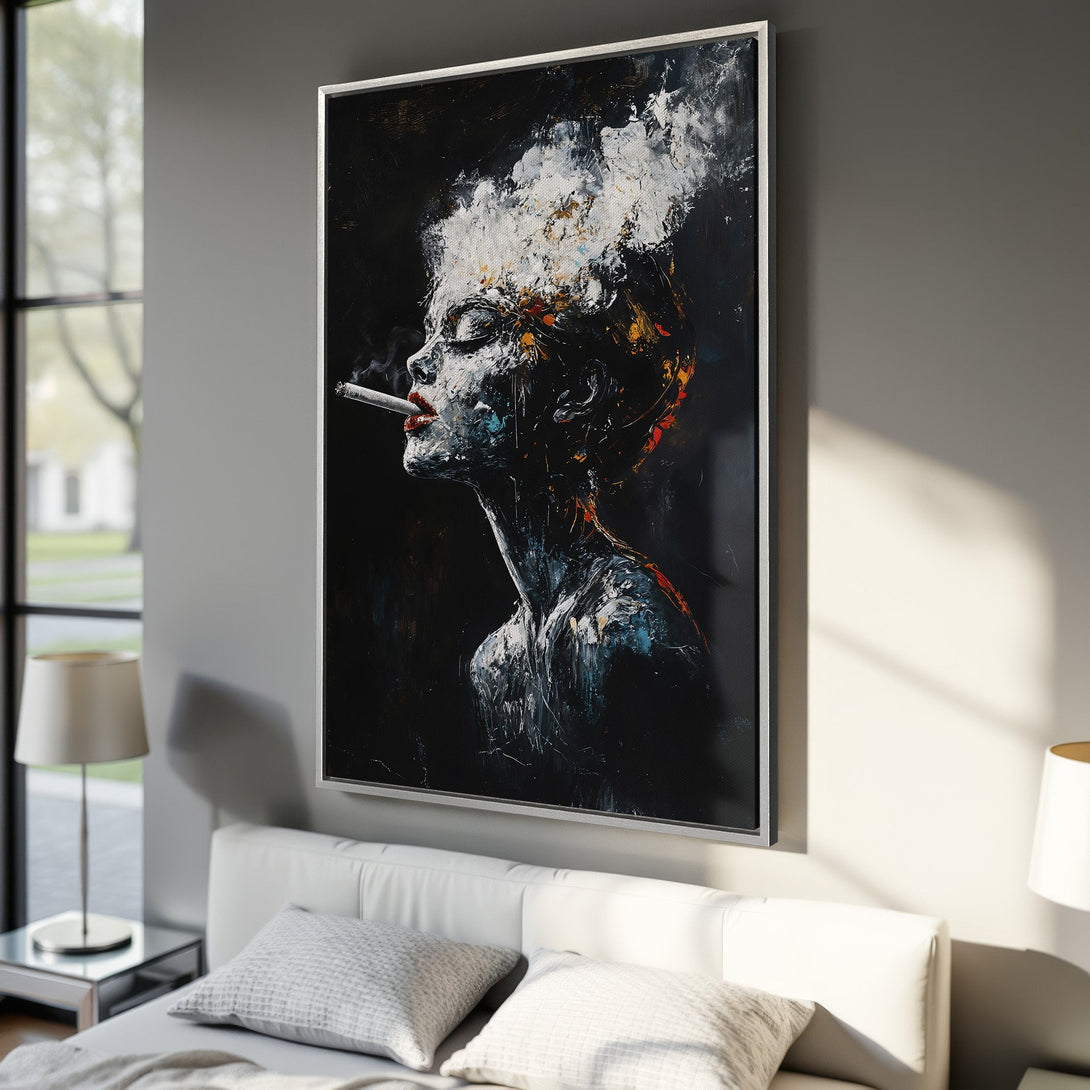 Framed Wall Art: Abstract portrait of a woman smoking, dramatic black, white, and red color palette. Modern art for a stylish interior.