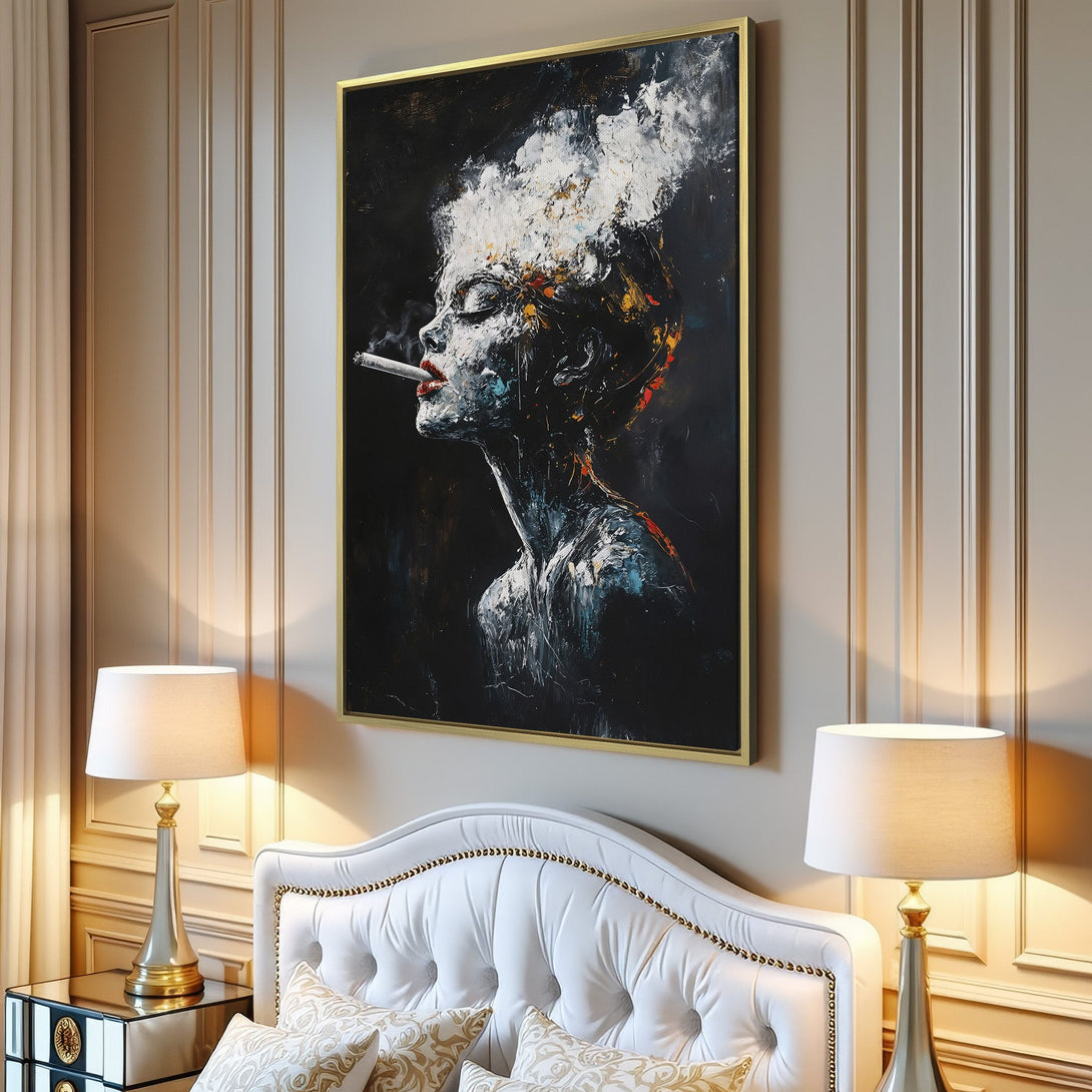 Canvas Print of a woman smoking, abstract style, dark and moody color palette. Perfect for modern home decor.