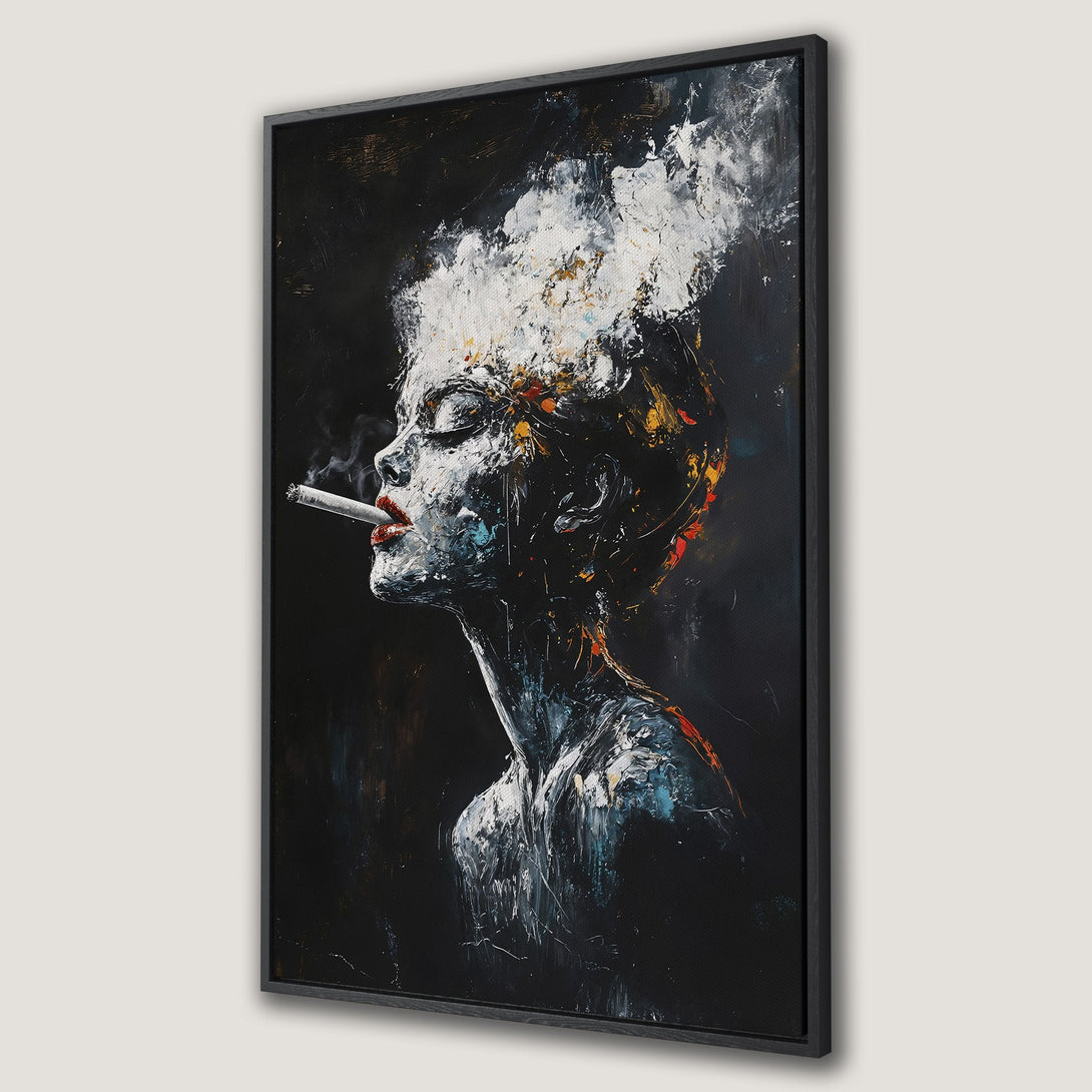 Framed Wall Art: Abstract portrait of a woman smoking. Dramatic black, white, and red color palette. Modern art for home decor.
