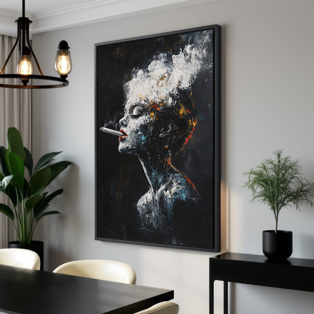 Framed Wall Art: Abstract portrait of a woman smoking, dark and moody color palette. Modern art for living room or dining room decor.