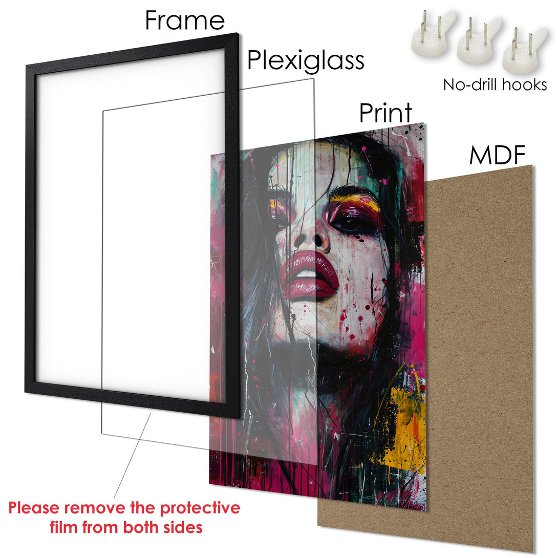 Framed Poster featuring a vibrant, expressive woman's portrait. Bold style with a colorful palette of pinks, reds, yellows, and blacks. Ready to hang!