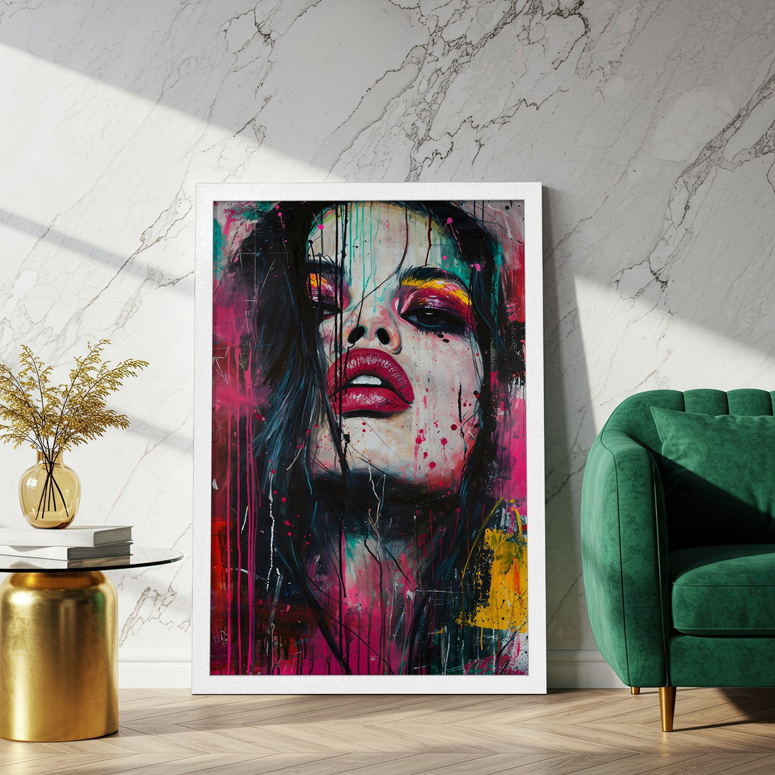 Framed Poster of a woman's face in vibrant, abstract style. Features a bold color palette with pink, red, and yellow accents. Perfect wall art!