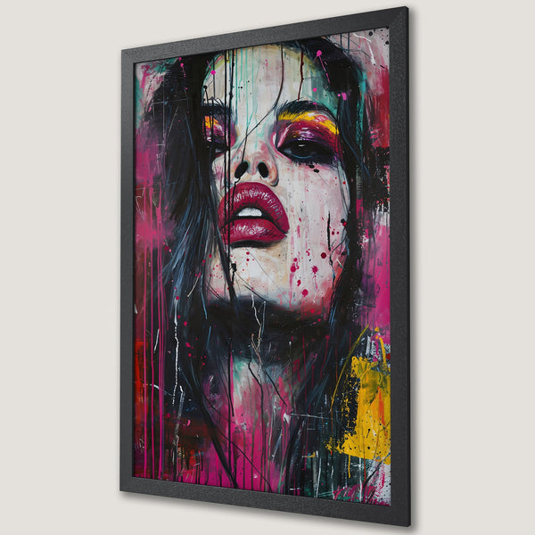 Framed Poster of a woman's face in an abstract style. Bold colors of pink, red, yellow, and black create a striking visual.
