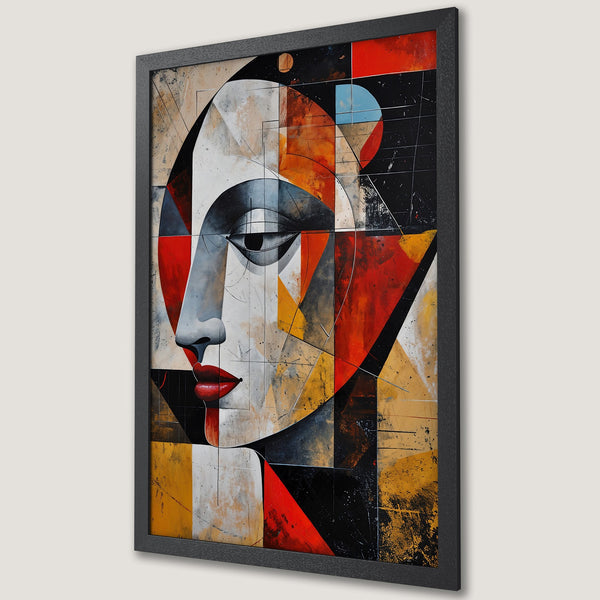 Framed Poster: Abstract face art in cubist style with red, black, white, and yellow color palette. Modern wall art for your home!