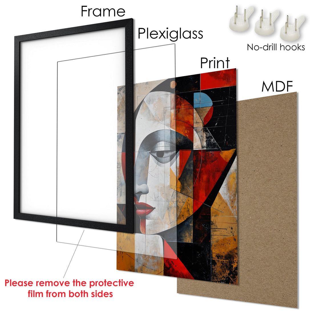 Framed Poster featuring an abstract face with a geometric style in a red, black, and neutral color palette. Ready to hang art!