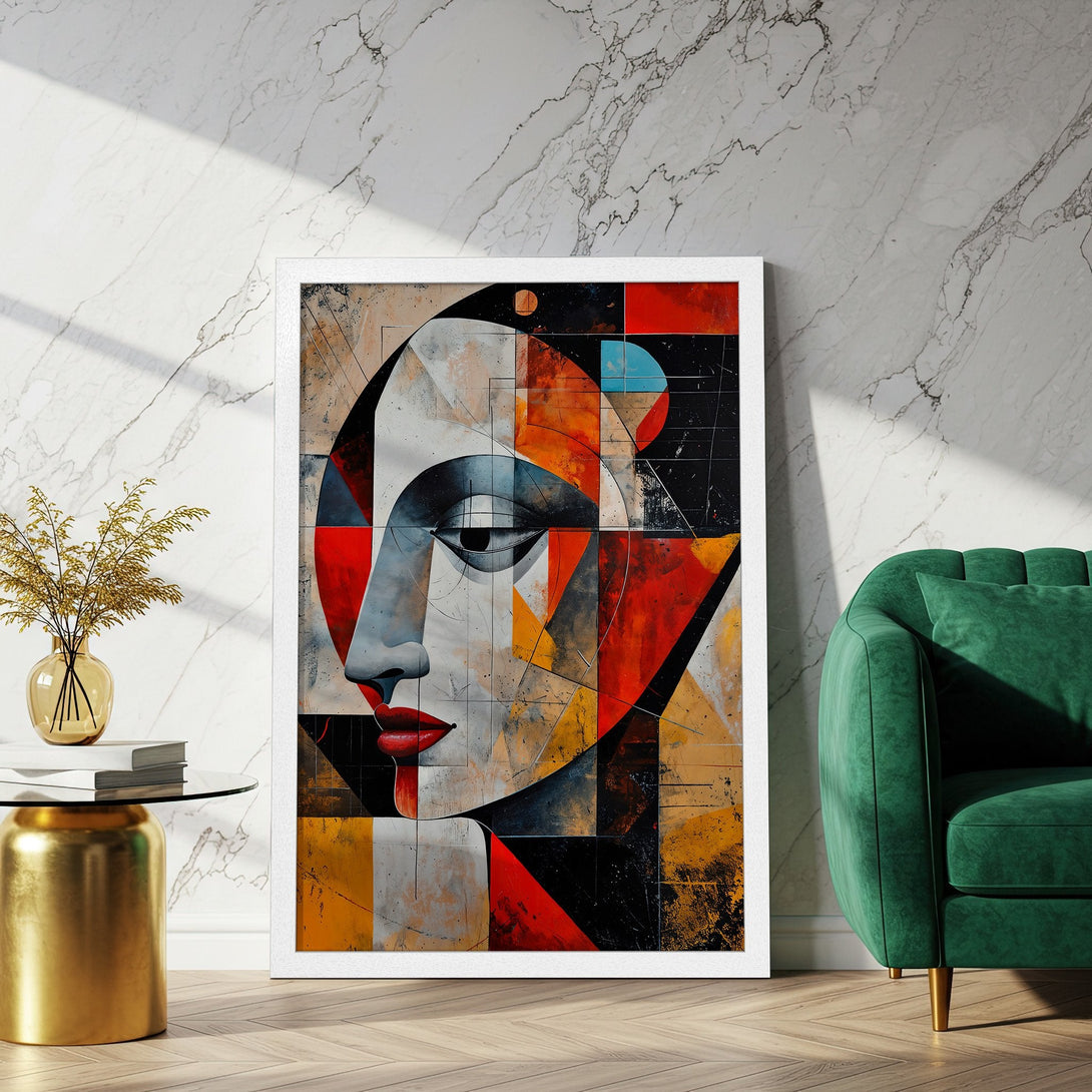 Framed Poster featuring a cubist face art print. Bold colors of red, black, and yellow create a striking modern decor piece.