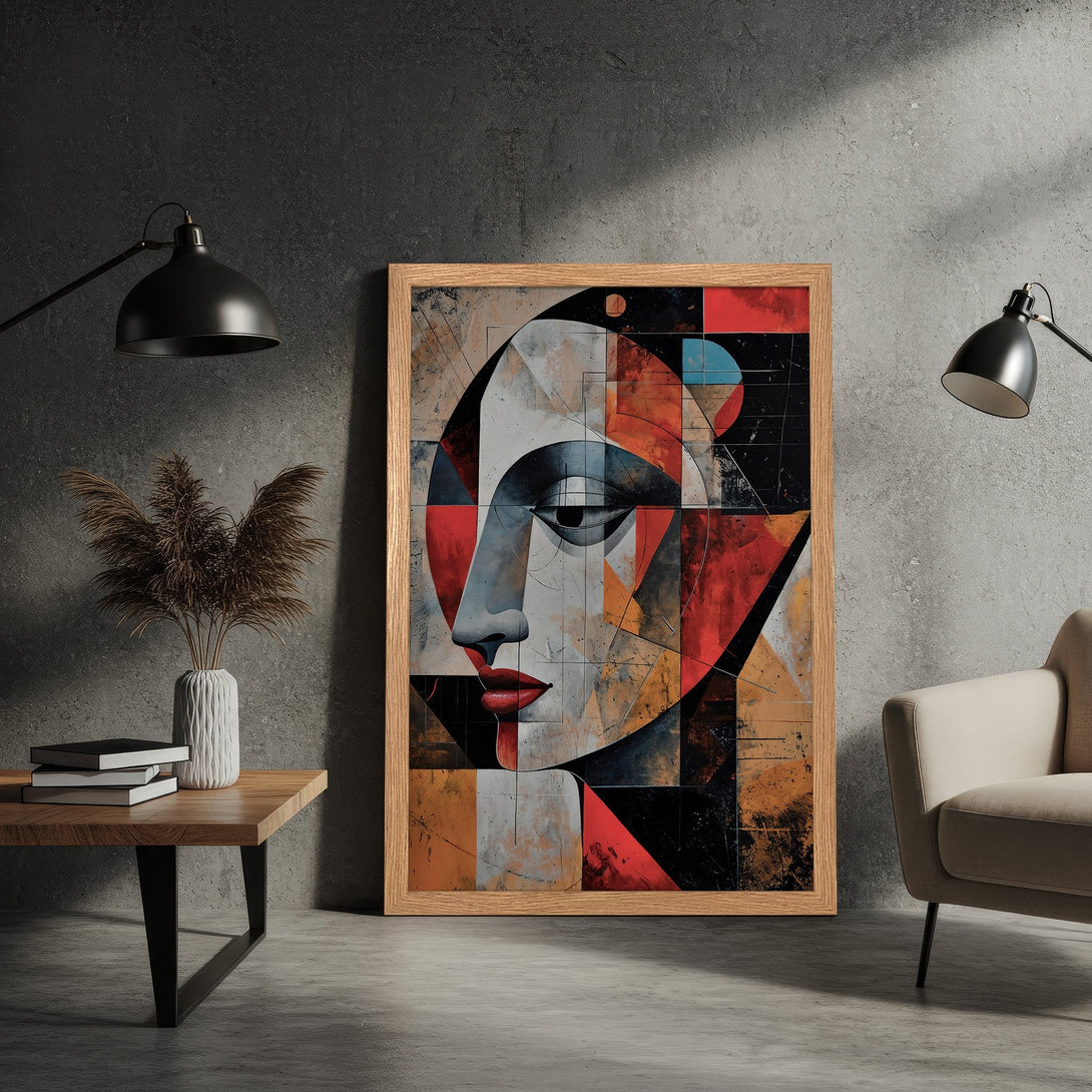 Framed Poster featuring a cubist face art print. Modern style, with red, black, & neutral color palette. Perfect wall decor.
