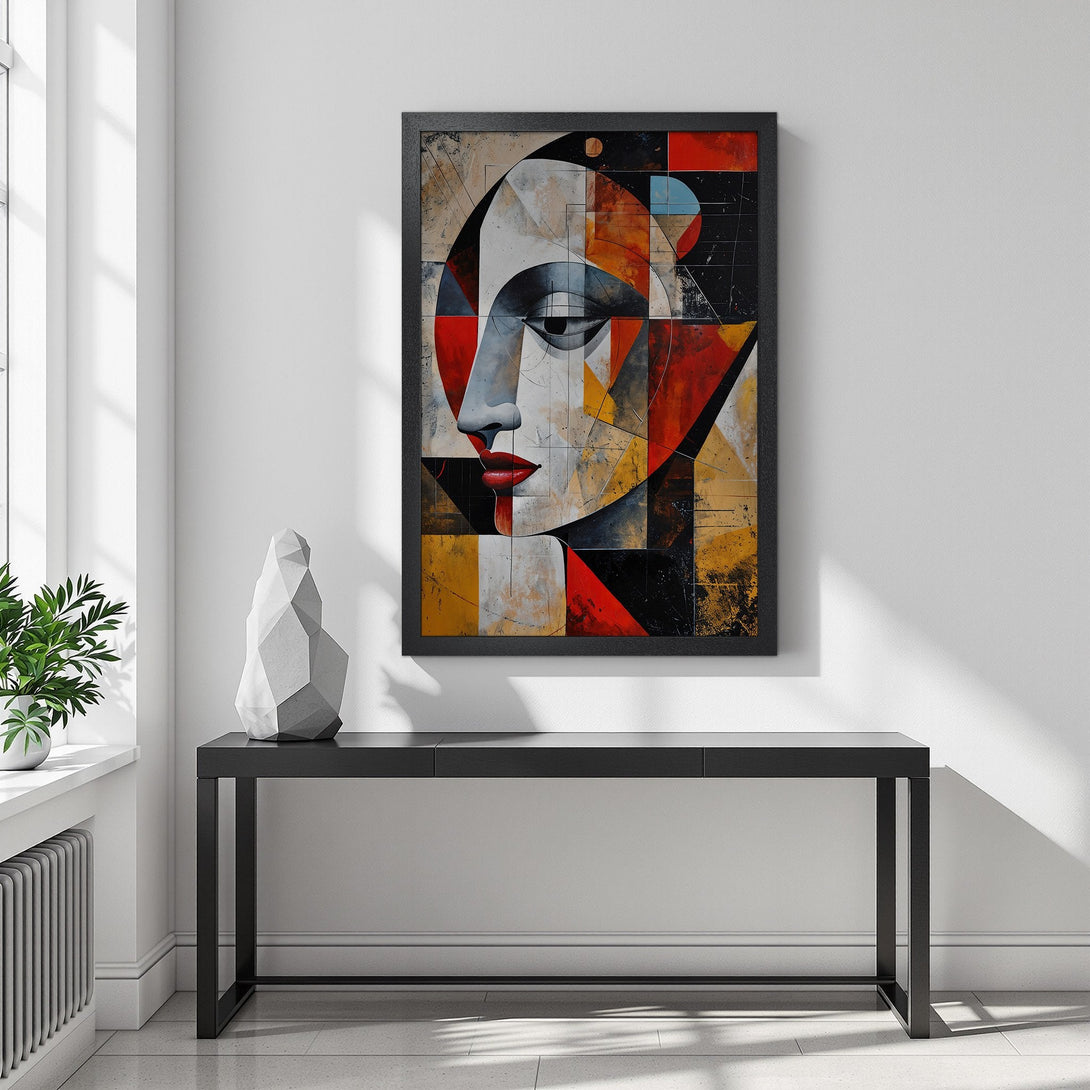 Framed Poster featuring a cubist face, striking red, yellow, and black palette. Modern art print perfect for home decor.