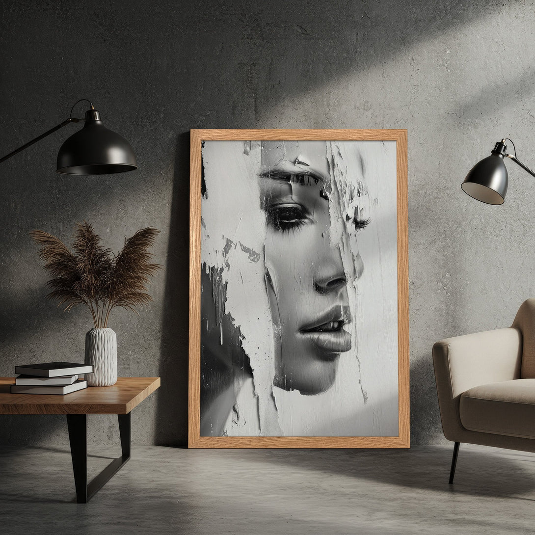Framed Poster featuring a black and white abstract portrait. Modern art style with a neutral color palette, perfect for home decor.
