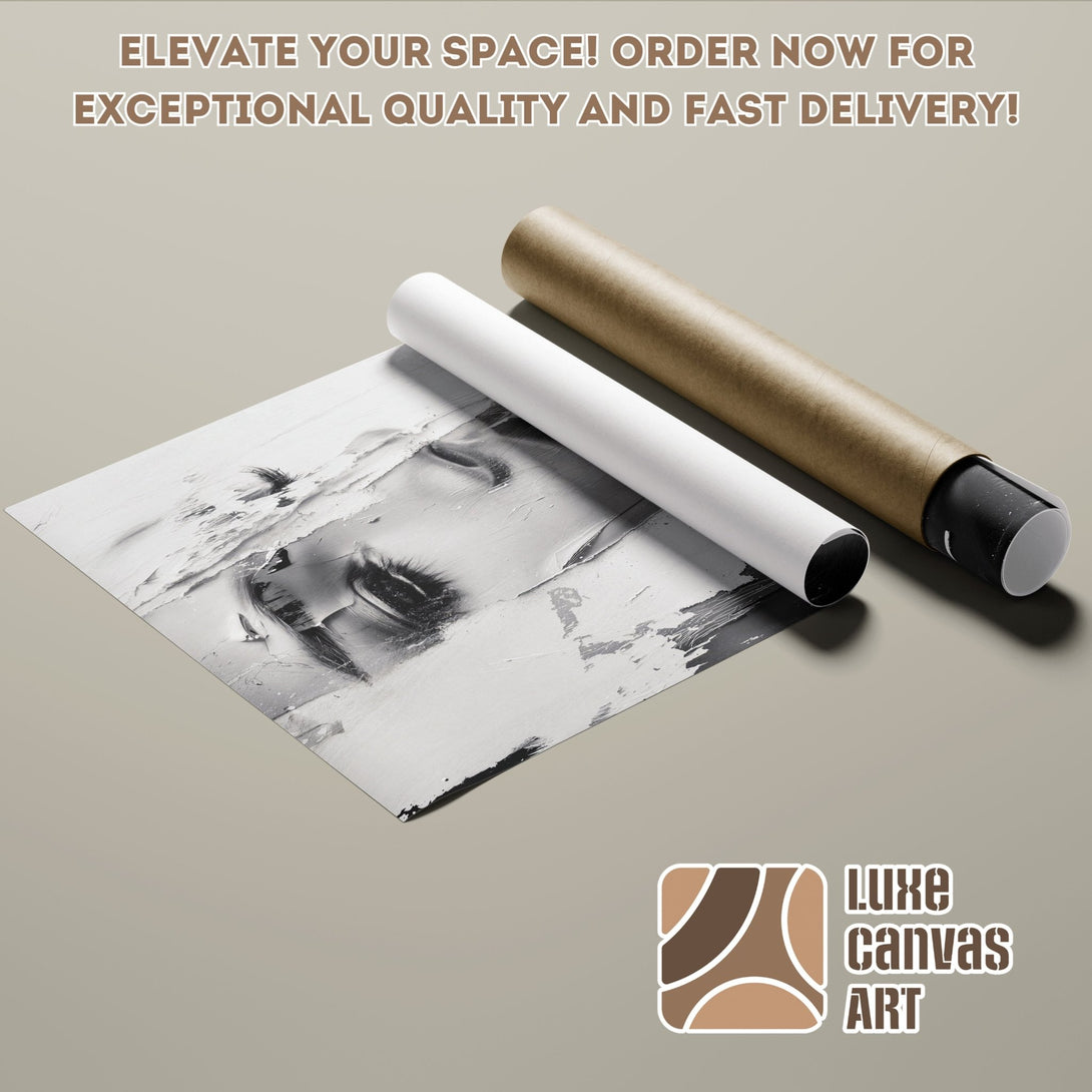 Poster Roll featuring a black and white abstract portrait, neutral color palette. Elevate your space with Luxe Canvas Art.
