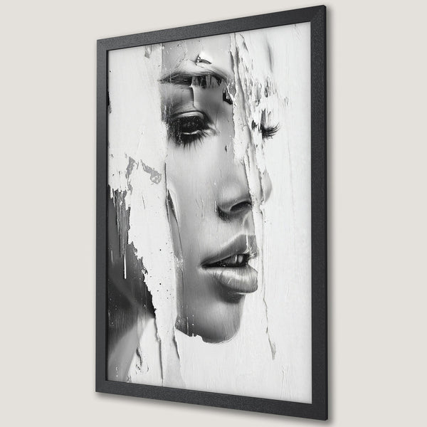 Framed Poster featuring a woman's face in abstract black and white style. Modern art poster perfect for any home decor.