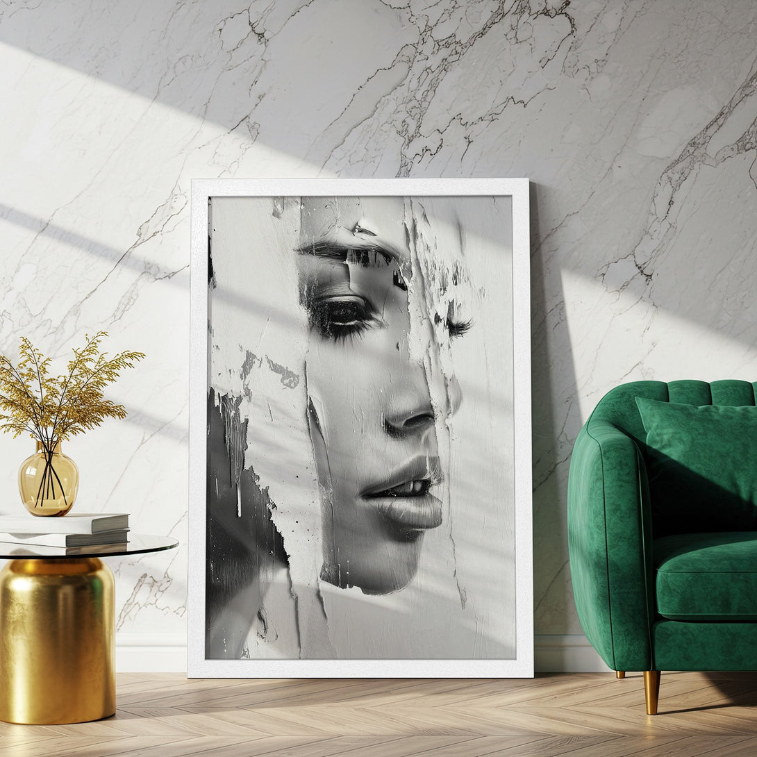 Framed Poster featuring a stylish black and white portrait. Modern art print with a neutral color palette, perfect for home decor.